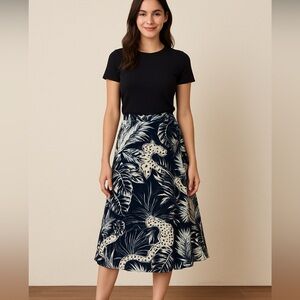FARM RIO Black and White Tropical Cat MIDI Skirt 
Tropical Print Women's Skirt